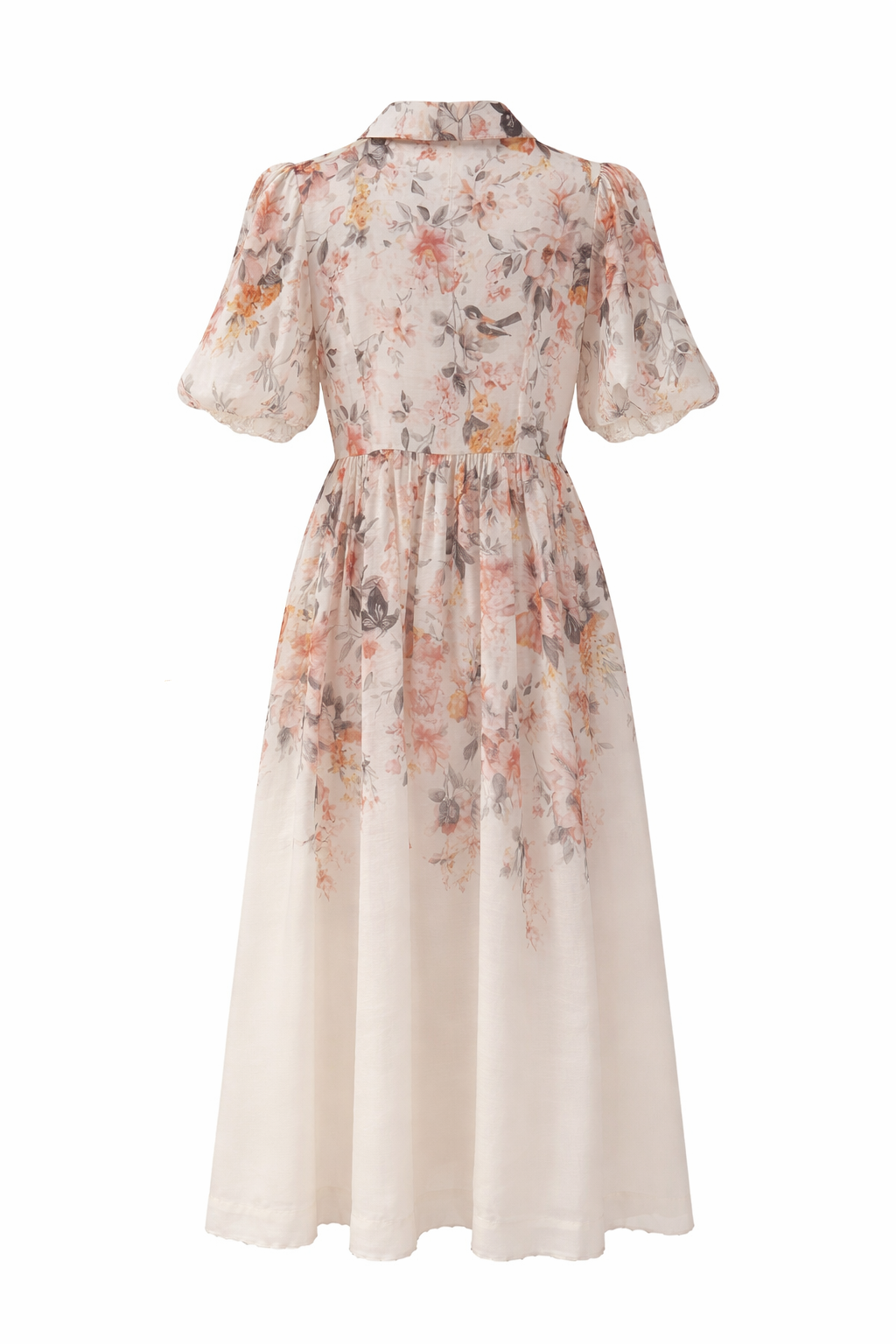 Floral Midi Shirt Dress with Belt – Soft Cream Vintage Print