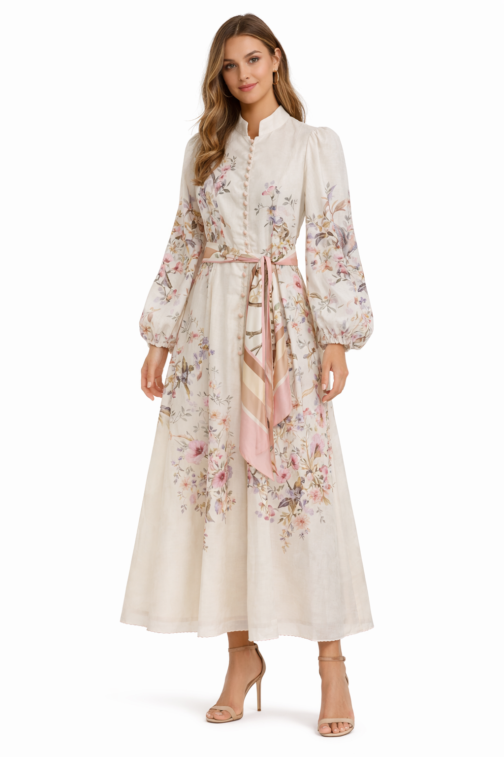 Floral Bird Print Midi Dress with Sash Belt – Elegant Cream Statement Dress