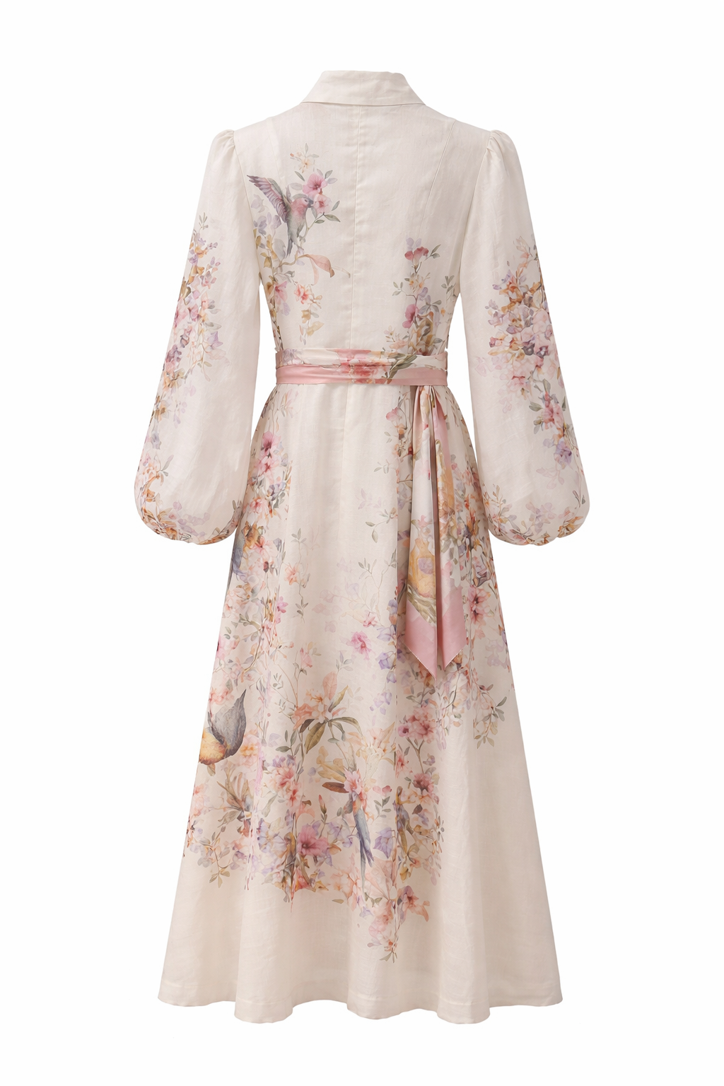 Floral Bird Print Midi Dress with Sash Belt – Elegant Cream Statement Dress