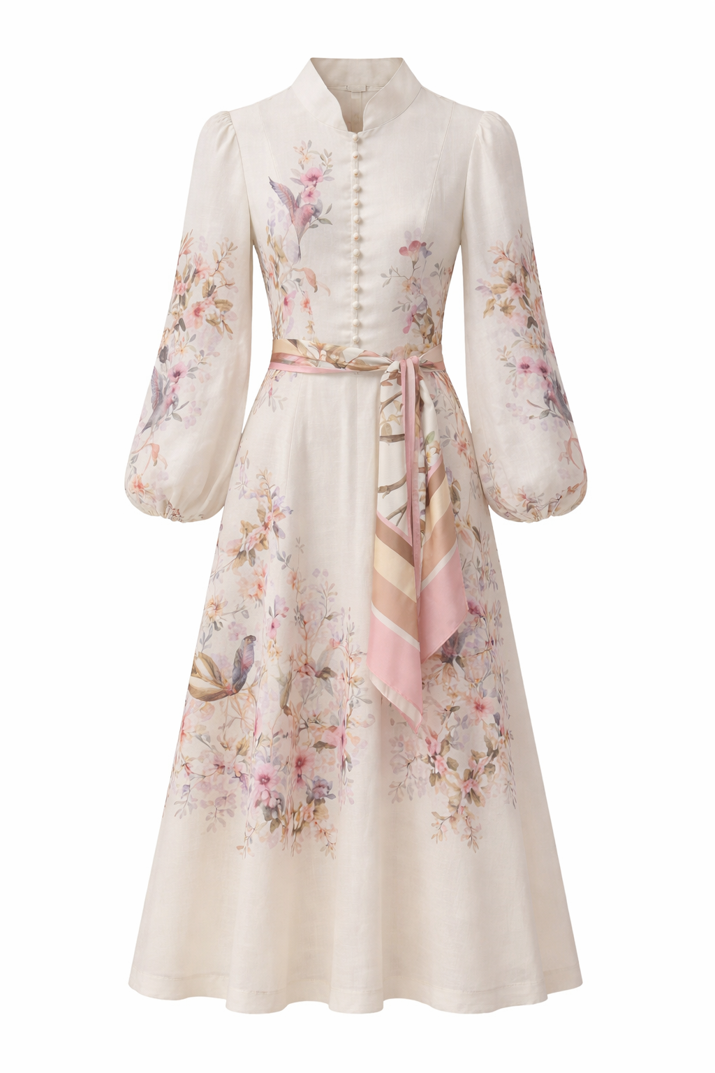 Floral Bird Print Midi Dress with Sash Belt – Elegant Cream Statement Dress
