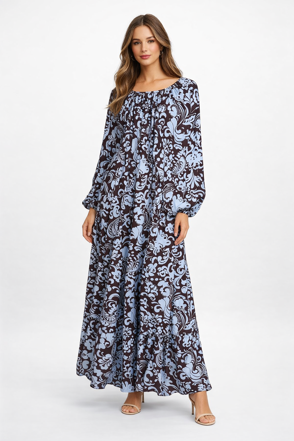 Elegant Floral Maxi Dress – Long Sleeve Flowing Boho Dress