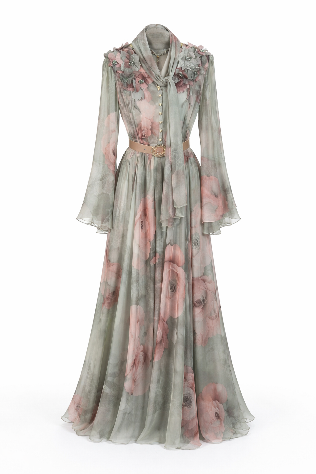 Elegant Floral Maxi Dress with Belt & Matching Scarf – Long Sleeve Chiffon Evening Dress