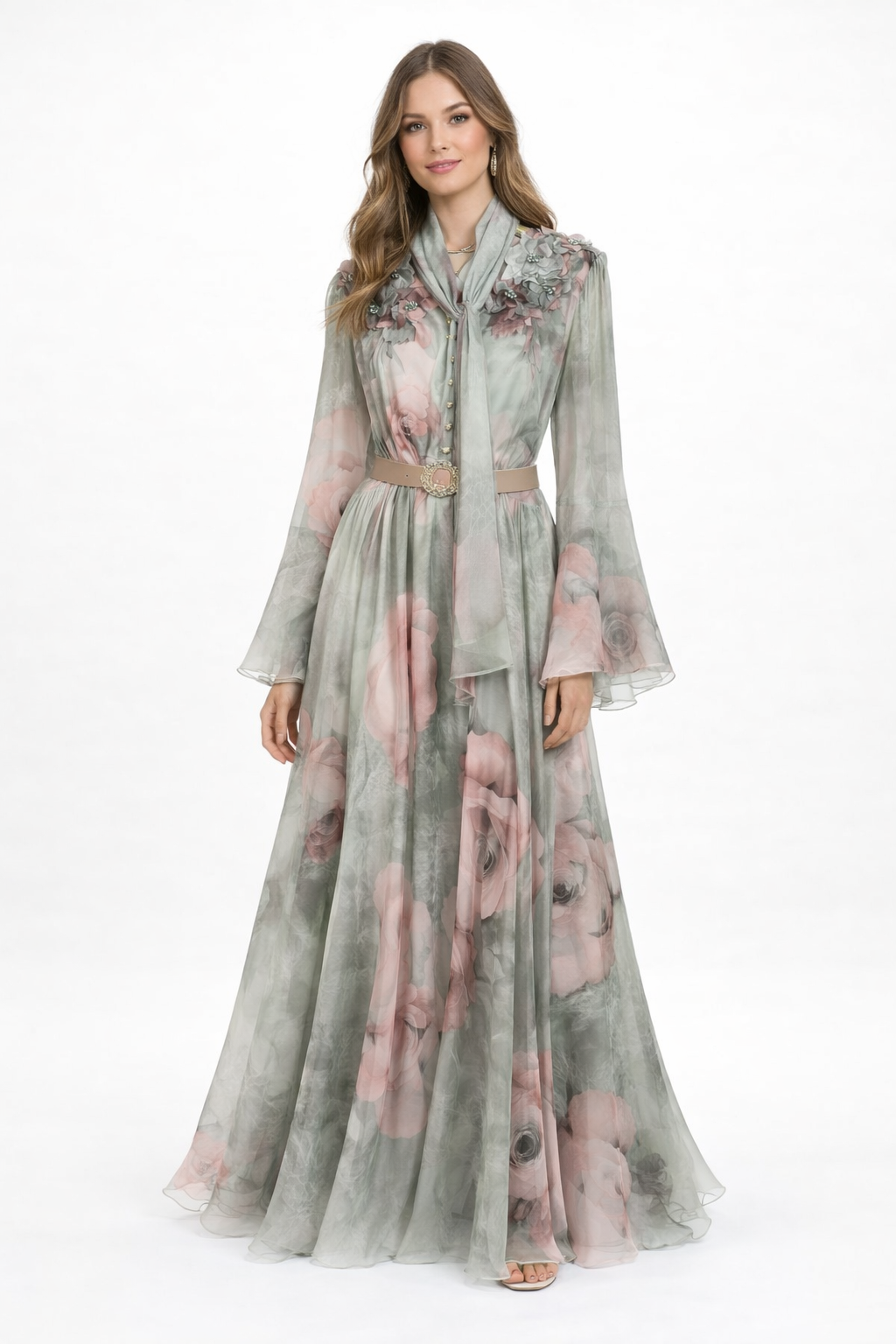 Elegant Floral Maxi Dress with Belt & Matching Scarf – Long Sleeve Chiffon Evening Dress