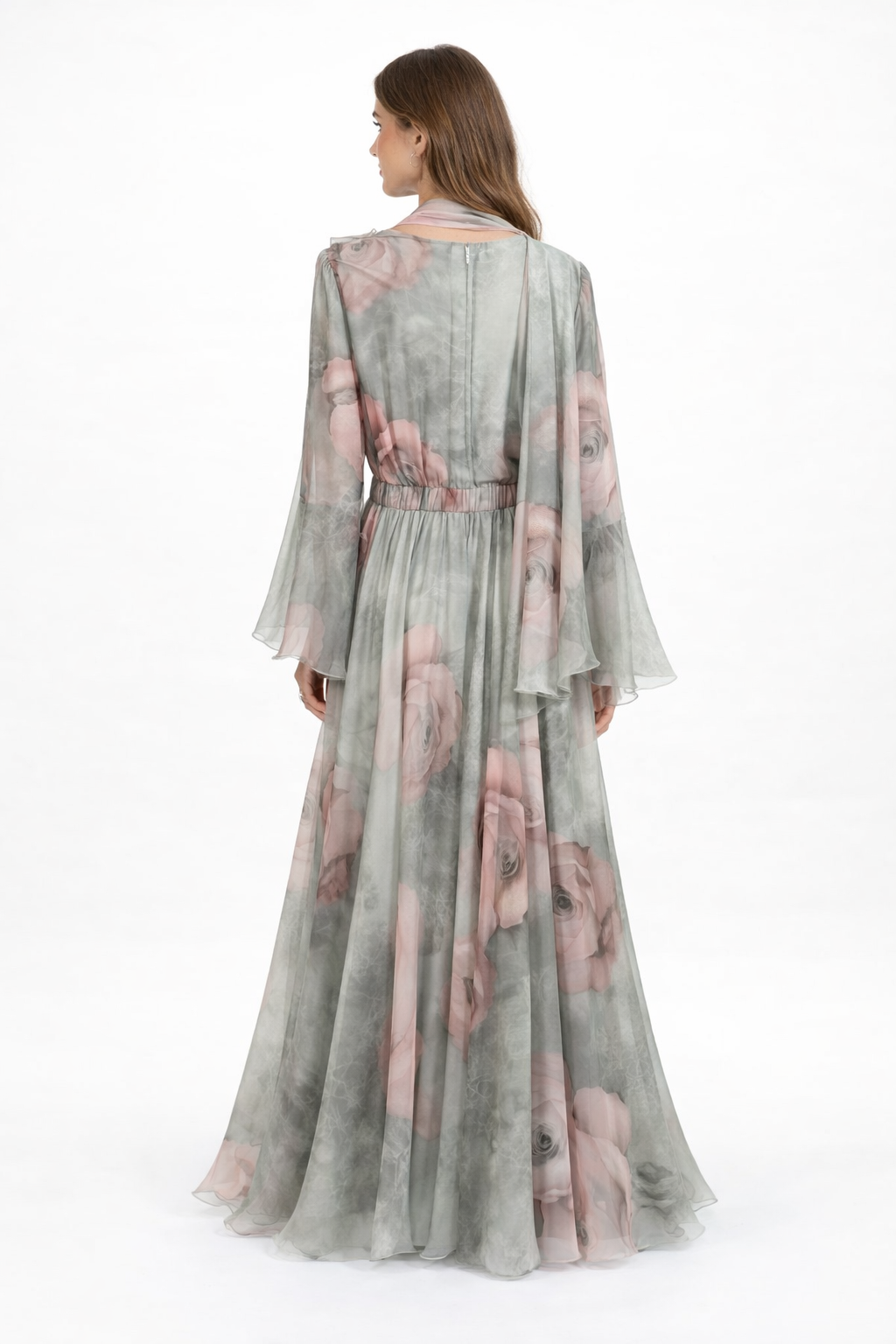 Elegant Floral Maxi Dress with Belt & Matching Scarf – Long Sleeve Chiffon Evening Dress