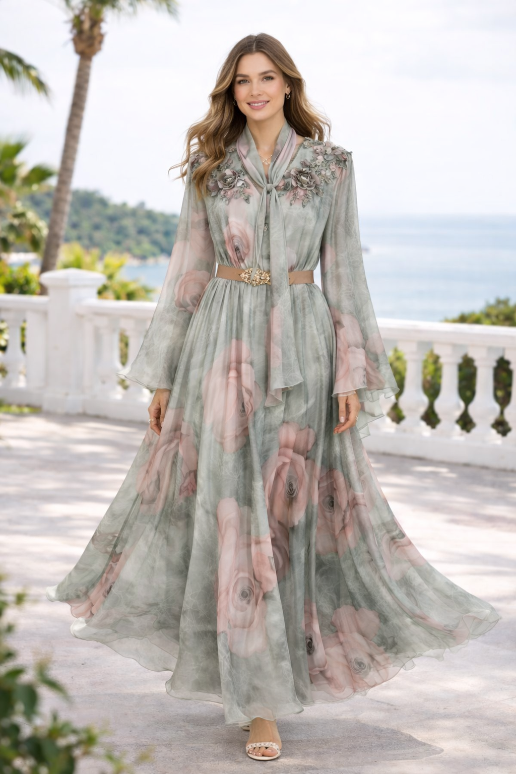 Elegant Floral Maxi Dress with Belt & Matching Scarf – Long Sleeve Chiffon Evening Dress