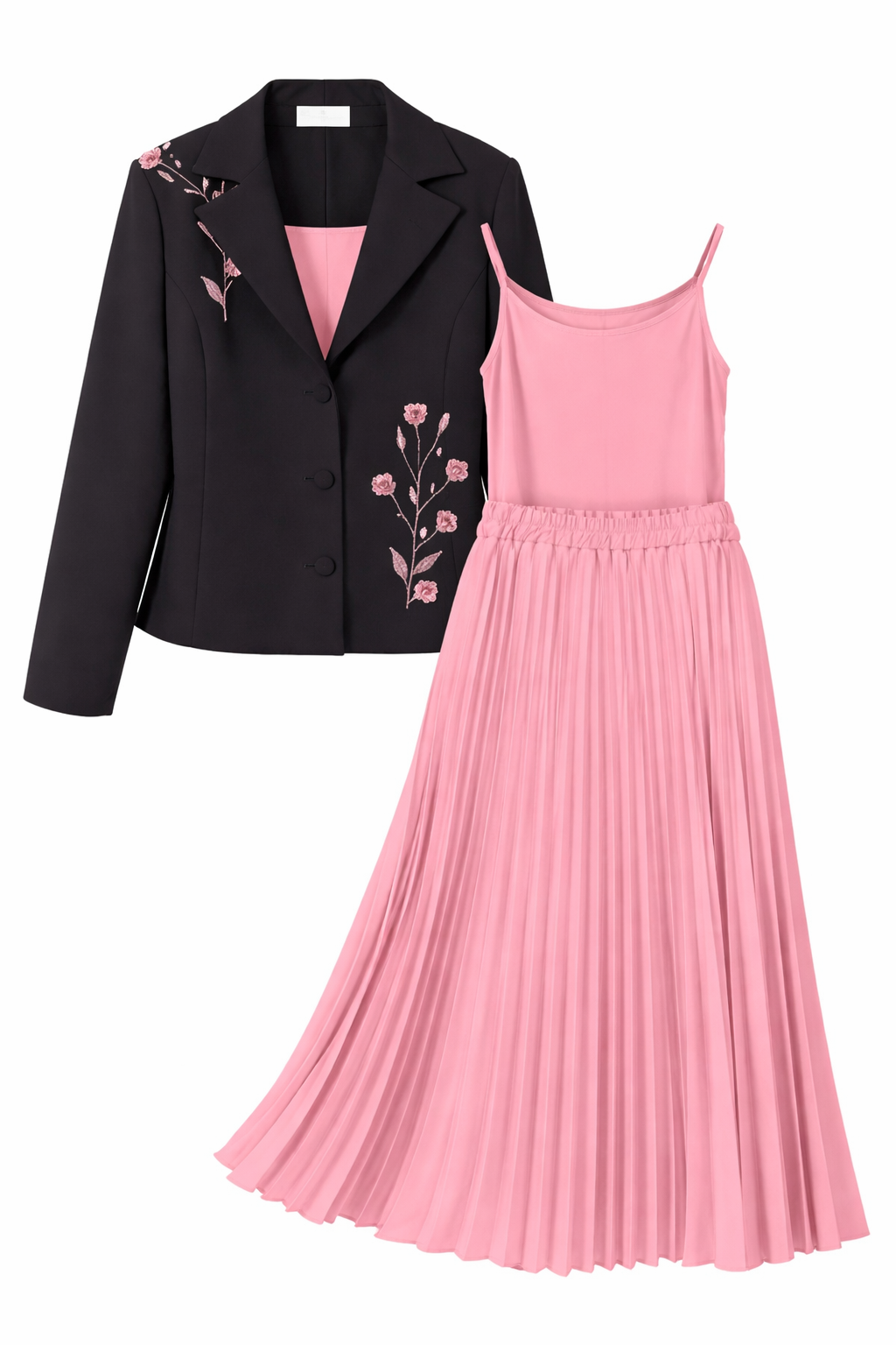 Elegant 3-Piece Women’s Set – Embroidered Blazer, Camisole Top & Pleated Midi Skirt