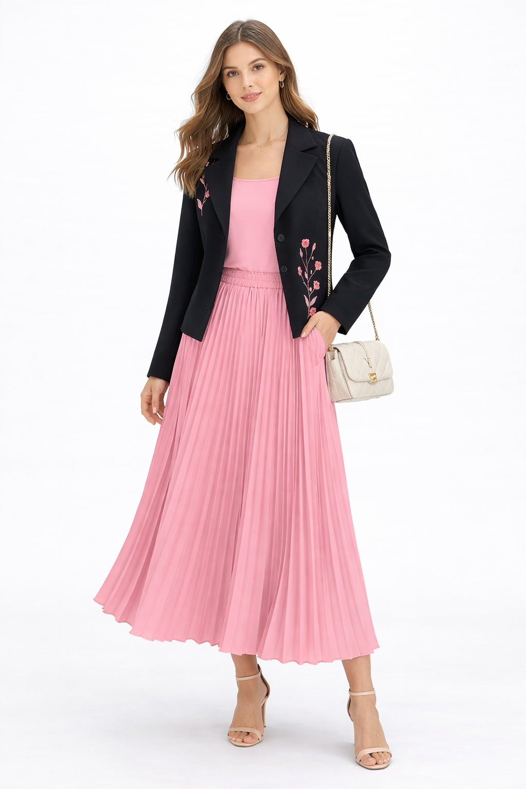 Elegant 3-Piece Women’s Set – Embroidered Blazer, Camisole Top & Pleated Midi Skirt