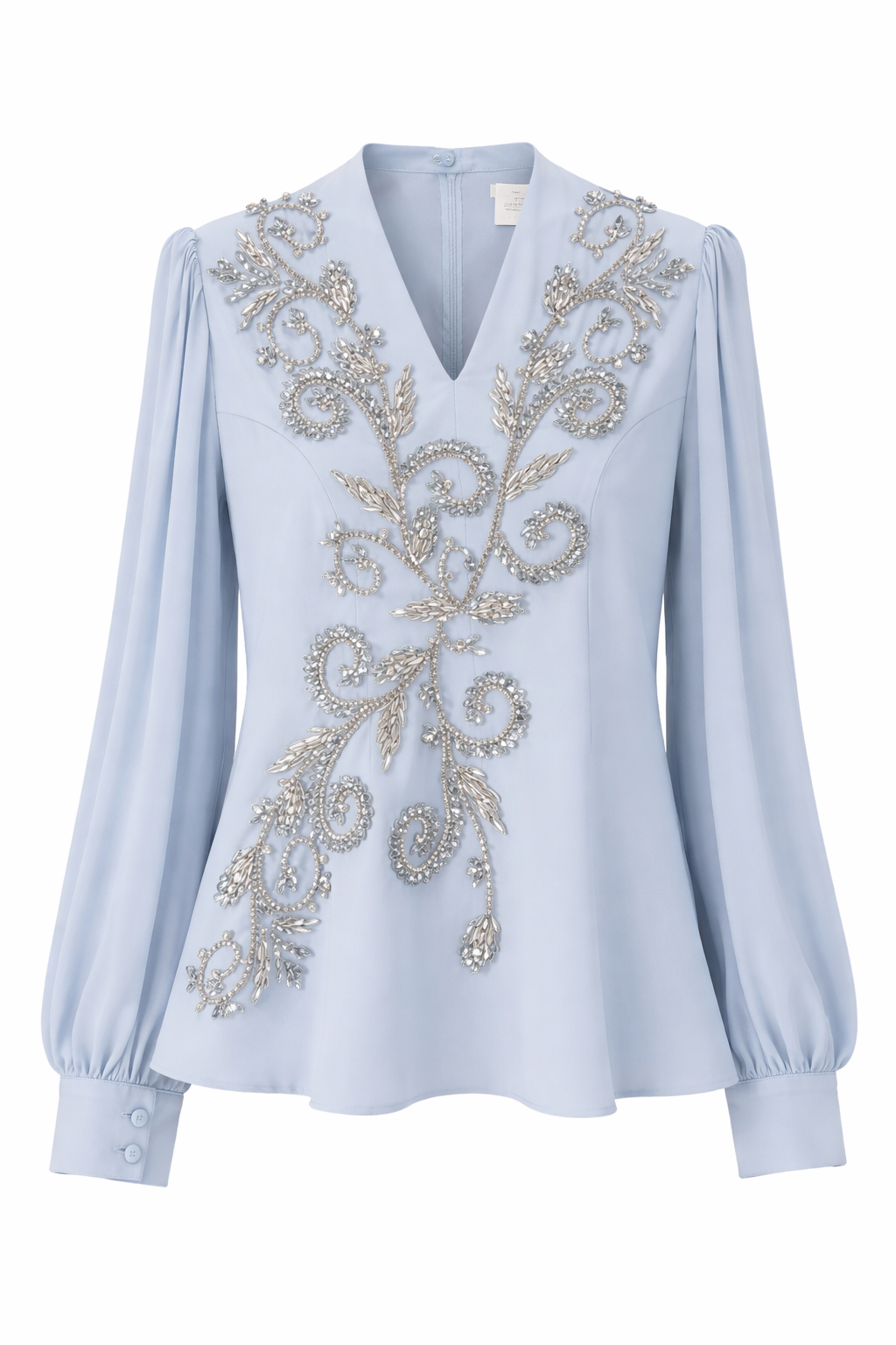 Elegant Light Blue Embellished 2-Piece Set – Beaded Blouse & Flowing Maxi Skirt