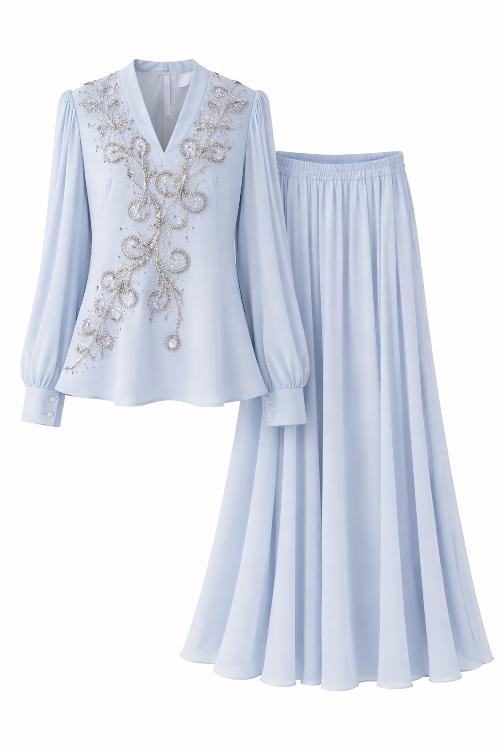 Elegant Light Blue Embellished 2-Piece Set – Beaded Blouse & Flowing Maxi Skirt