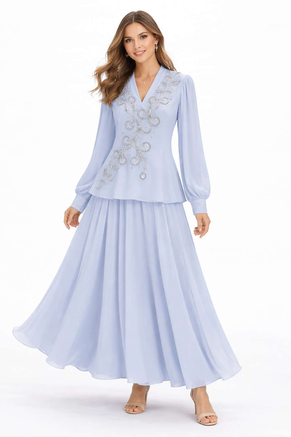 Elegant Light Blue Embellished 2-Piece Set – Beaded Blouse & Flowing Maxi Skirt