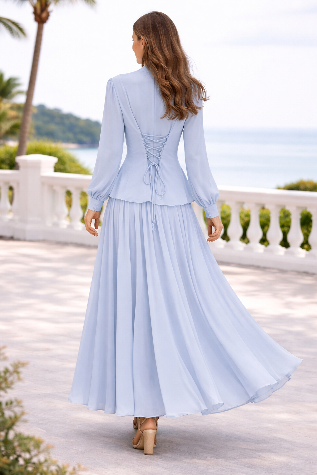 Elegant Light Blue Embellished 2-Piece Set – Beaded Blouse & Flowing Maxi Skirt
