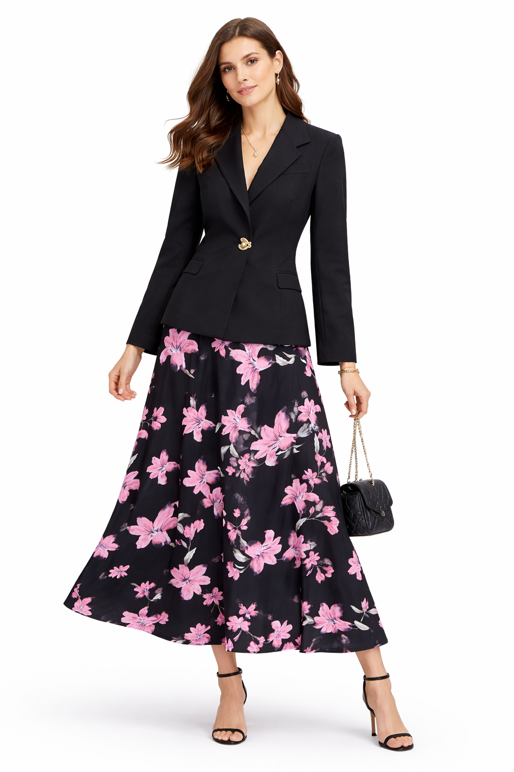 Elegant Black Blazer & Floral Midi Skirt Set
