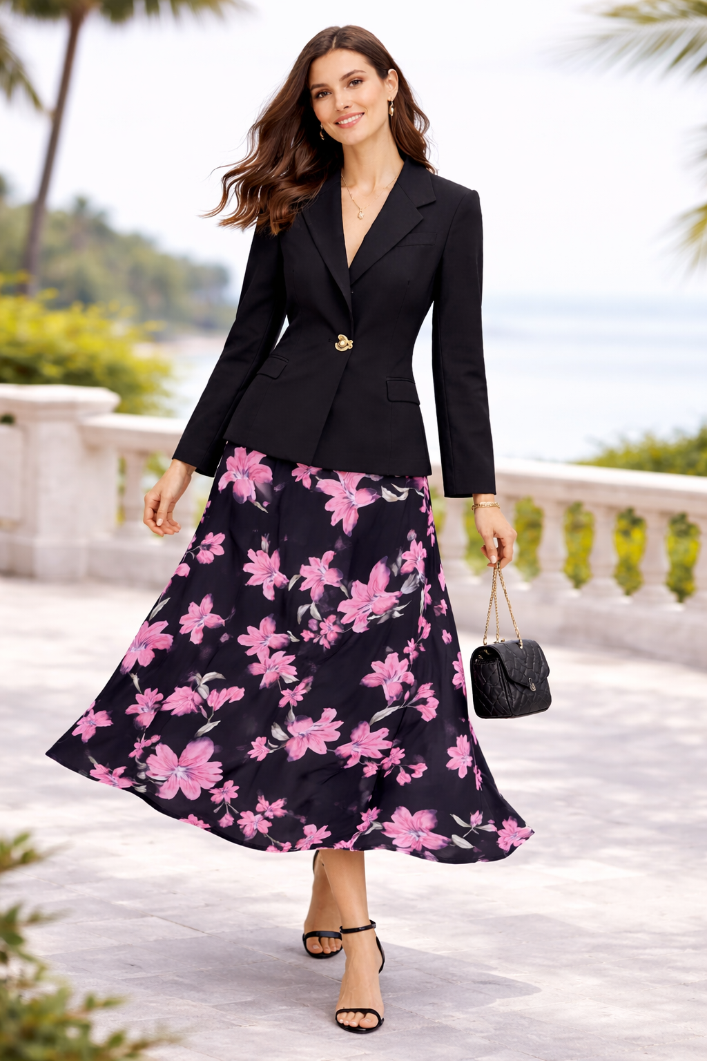 Elegant Black Blazer & Floral Midi Skirt Set
