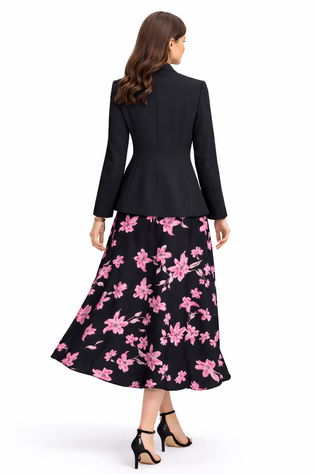 Elegant Black Blazer & Floral Midi Skirt Set