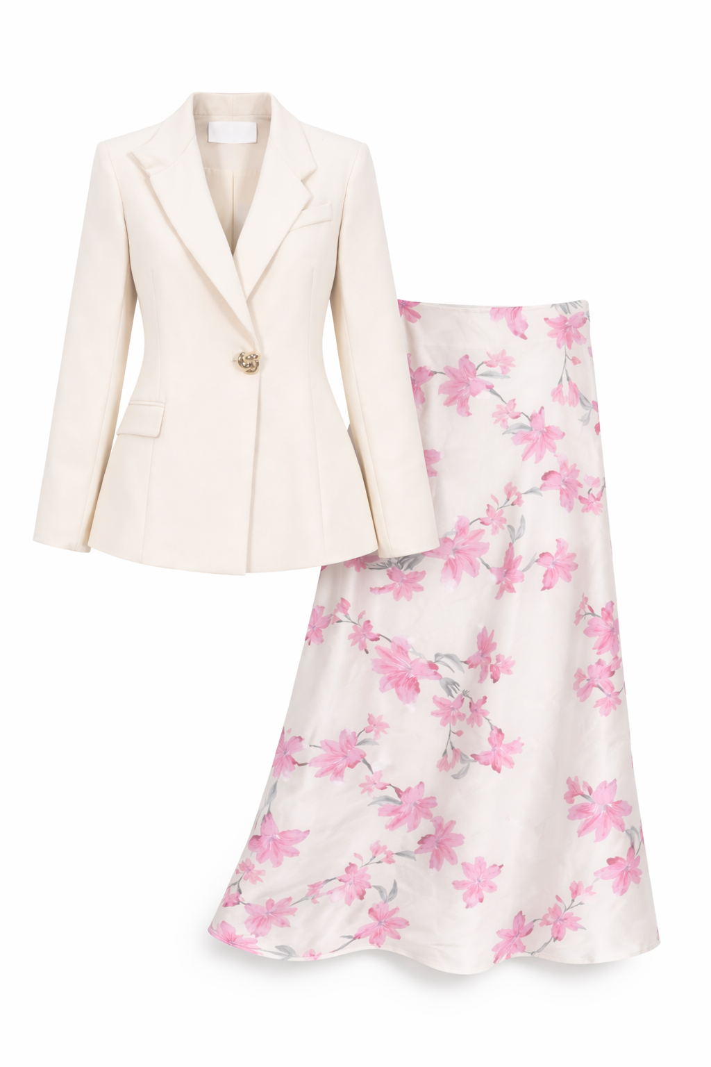Elegant Ivory Blazer & Floral Midi Skirt Two-Piece Set