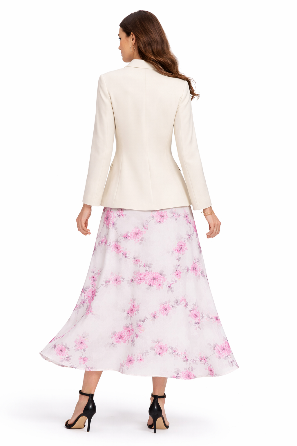 Elegant Ivory Blazer & Floral Midi Skirt Two-Piece Set