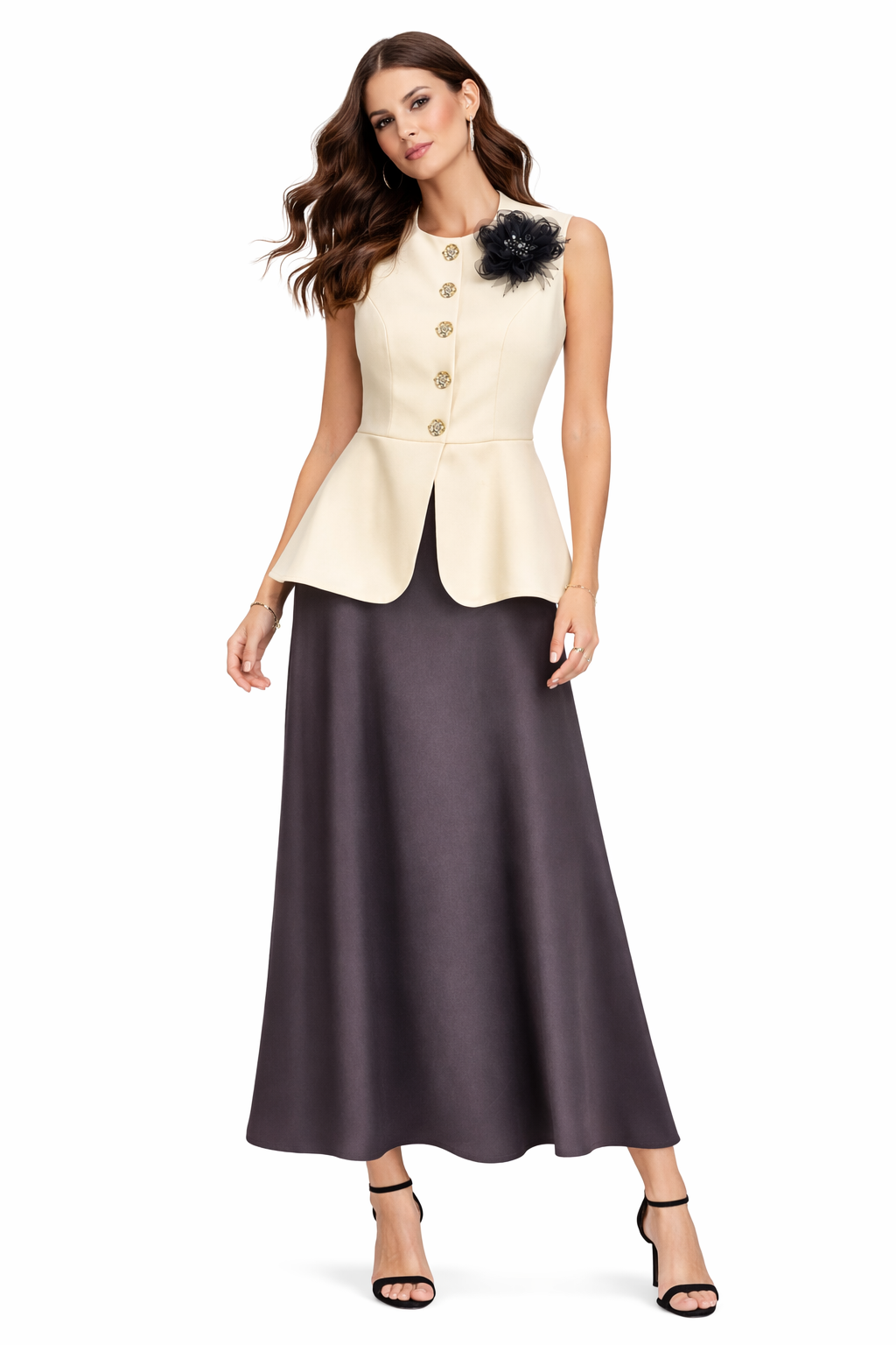 Elegant Peplum Top & Flowing Midi Skirt Two-Piece Set