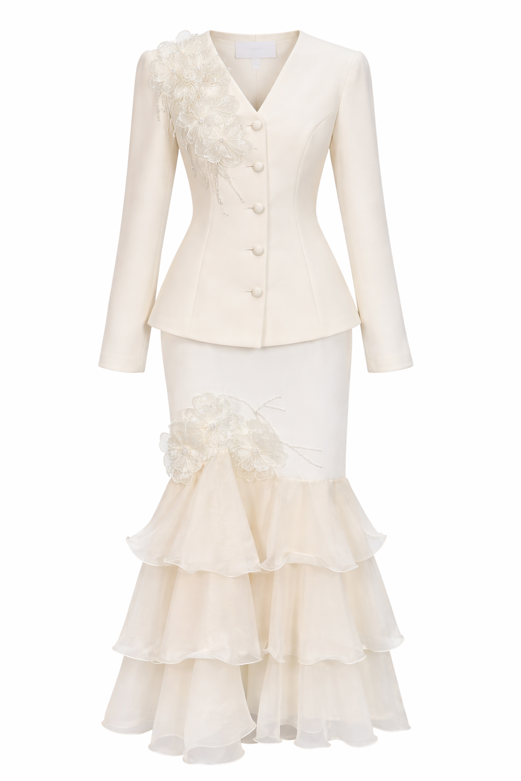 Elegant Lace Detail Blazer & Tiered Mermaid Skirt Two-Piece Set