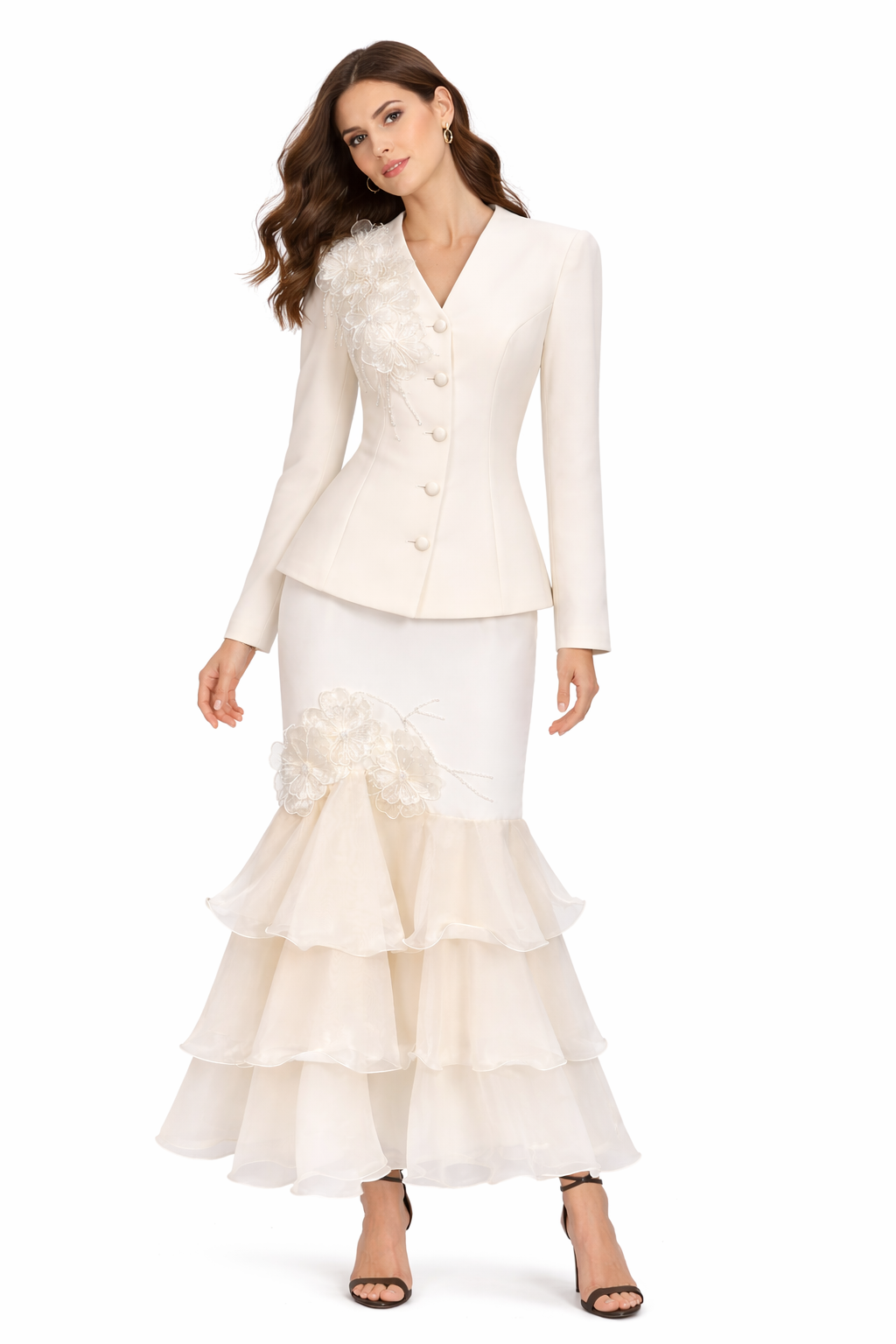 Elegant Lace Detail Blazer & Tiered Mermaid Skirt Two-Piece Set