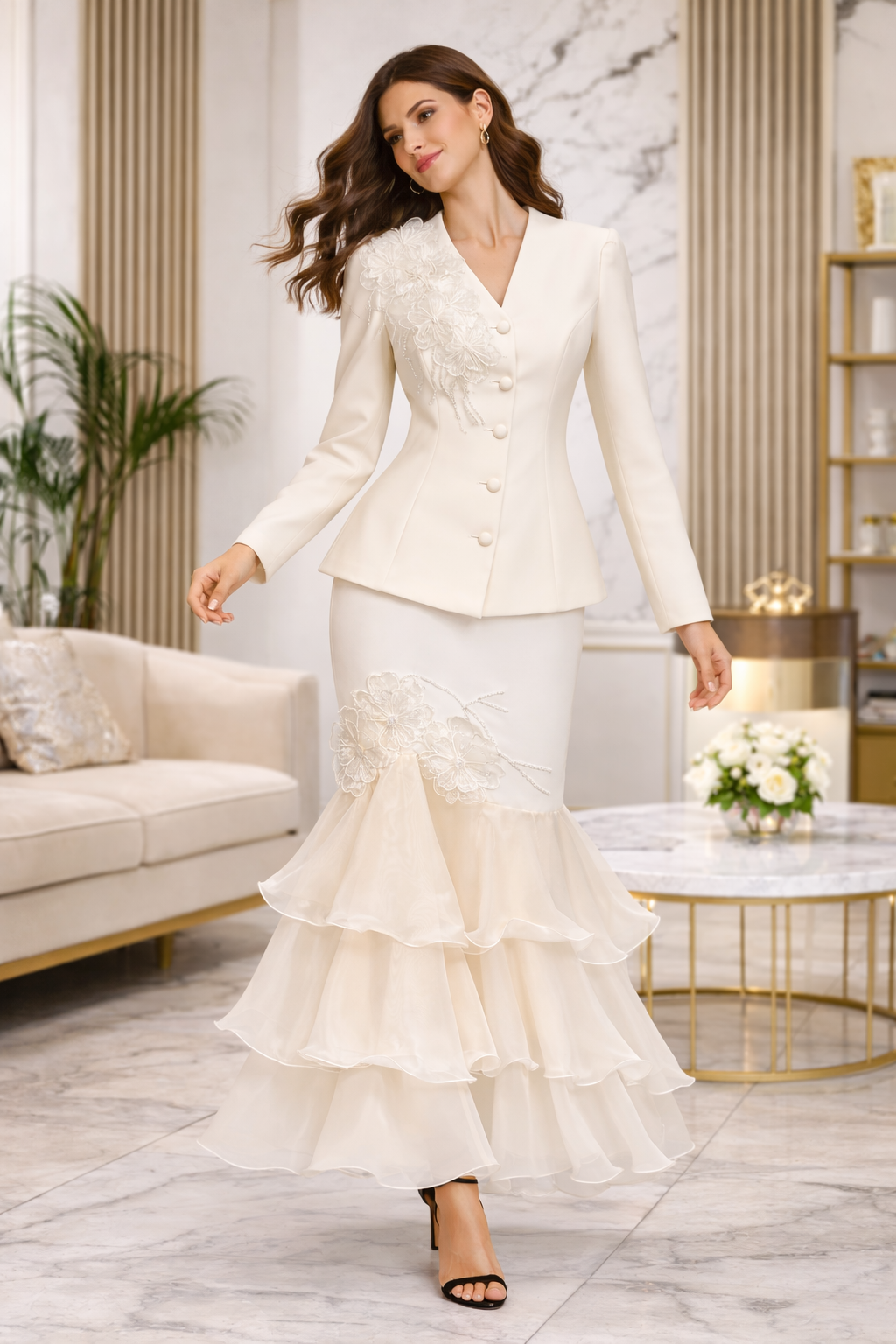 Elegant Lace Detail Blazer & Tiered Mermaid Skirt Two-Piece Set