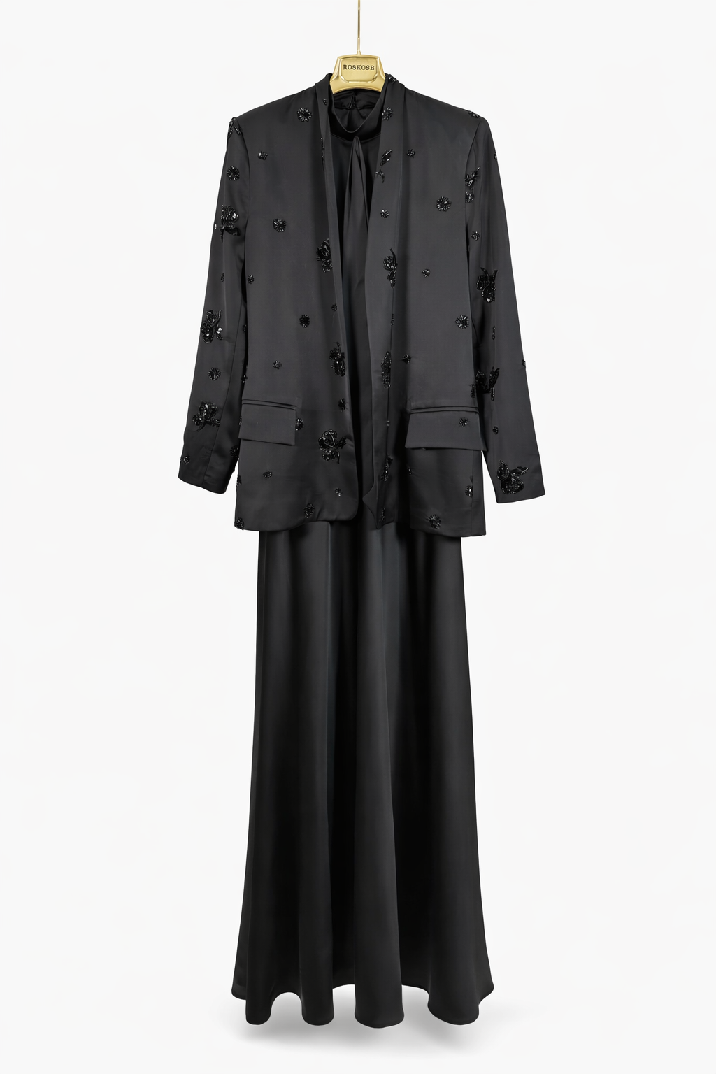 Elegant Black Embellished Blazer & Satin Dress Two-Piece Set