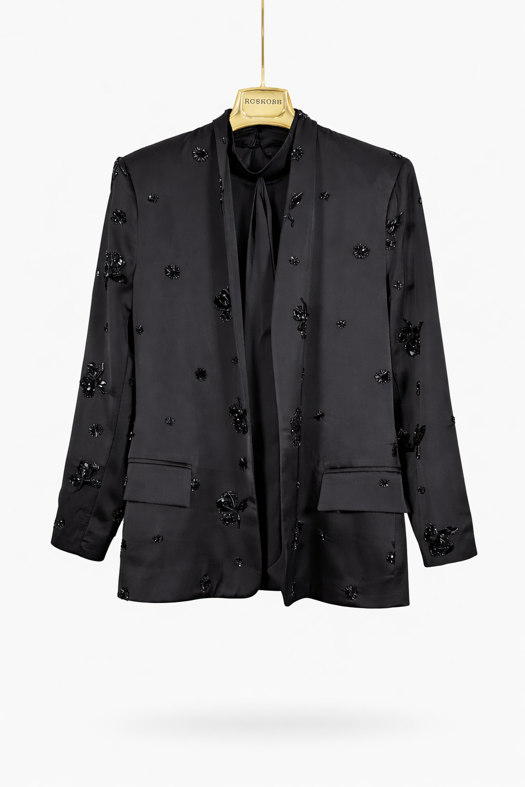 Elegant Black Embellished Blazer & Satin Dress Two-Piece Set