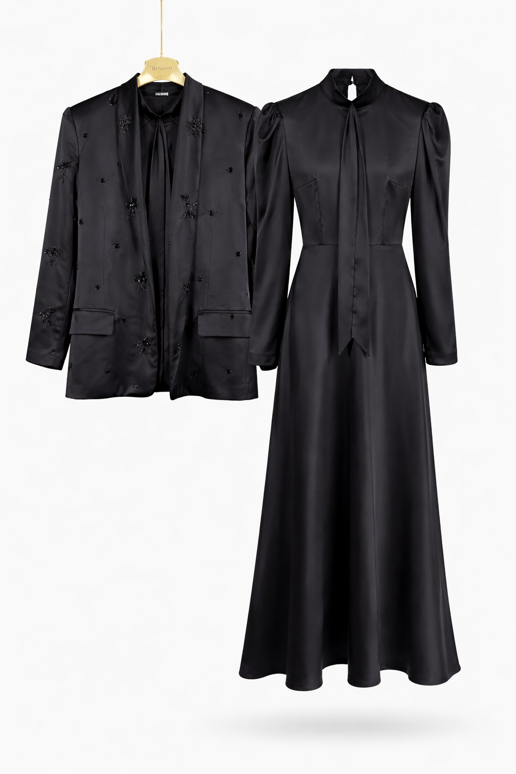 Elegant Black Embellished Blazer & Satin Dress Two-Piece Set