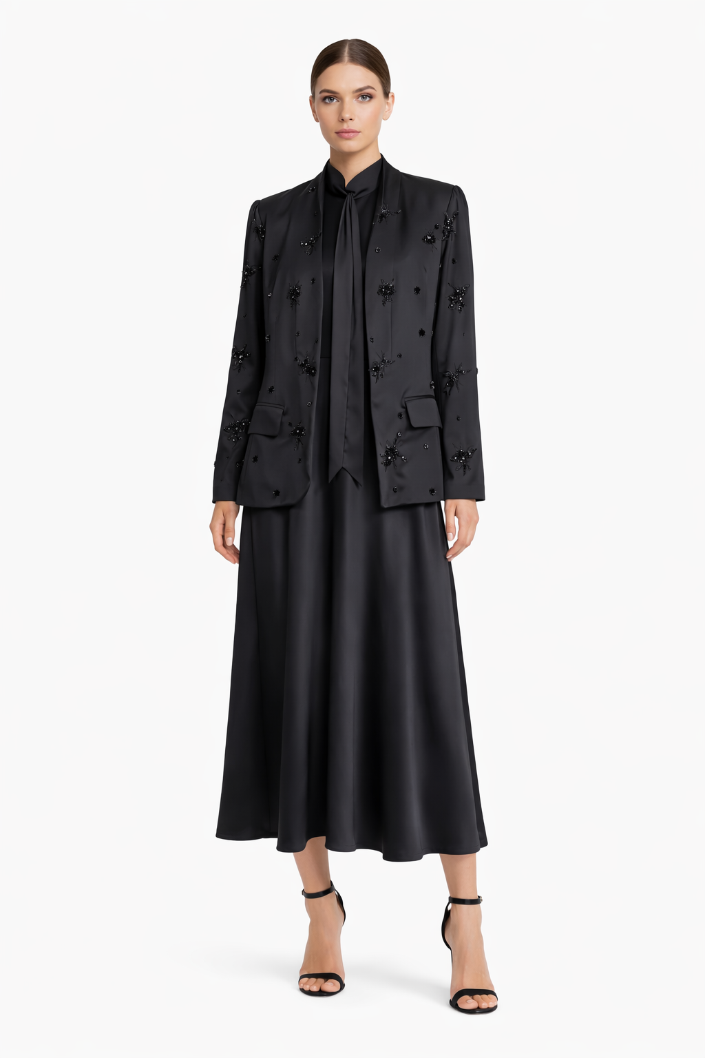 Elegant Black Embellished Blazer & Satin Dress Two-Piece Set