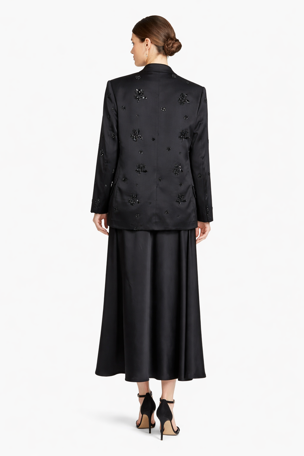 Elegant Black Embellished Blazer & Satin Dress Two-Piece Set