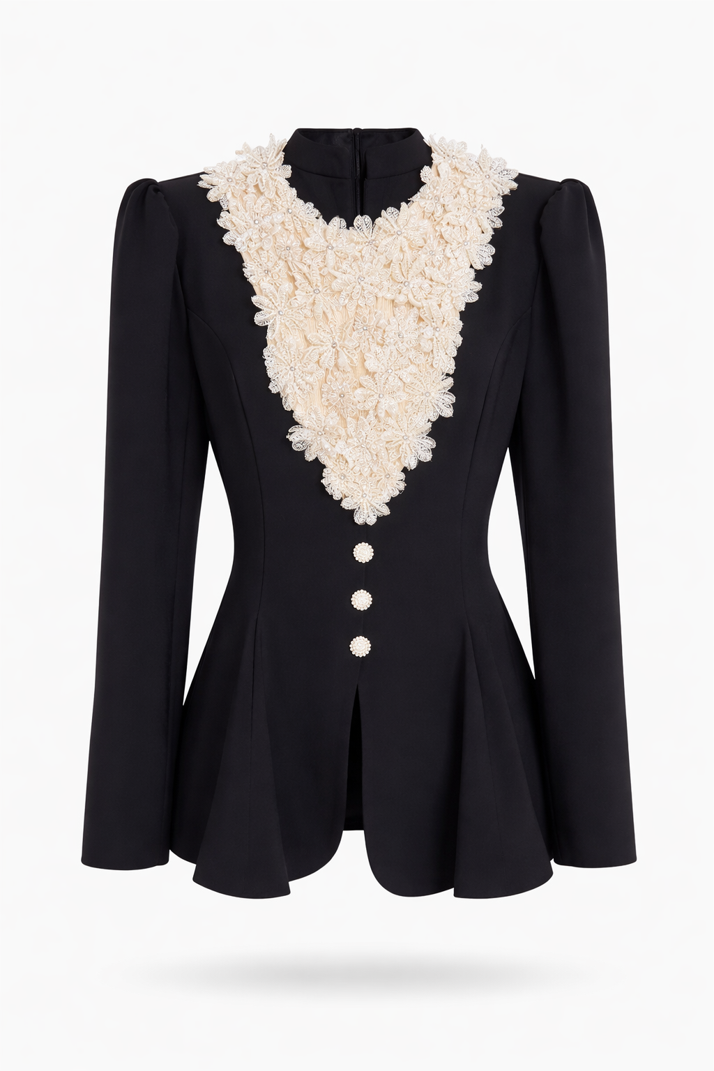 Elegant Black Lace-Embellished Blazer & Wide-Leg Pants Two-Piece Set