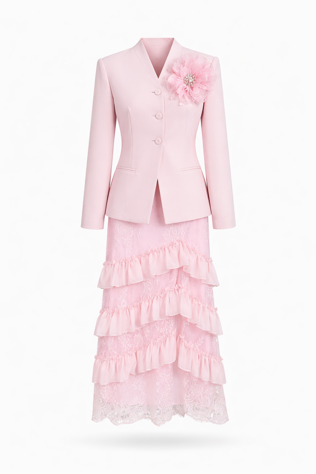Elegant Blush Pink Floral Blazer & Lace Ruffle Skirt Two-Piece Set