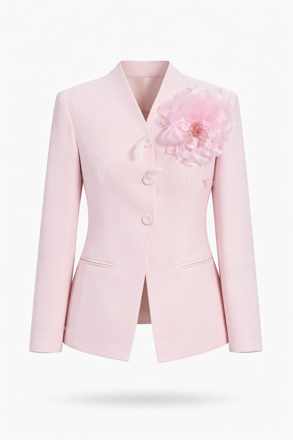 Elegant Blush Pink Floral Blazer & Lace Ruffle Skirt Two-Piece Set