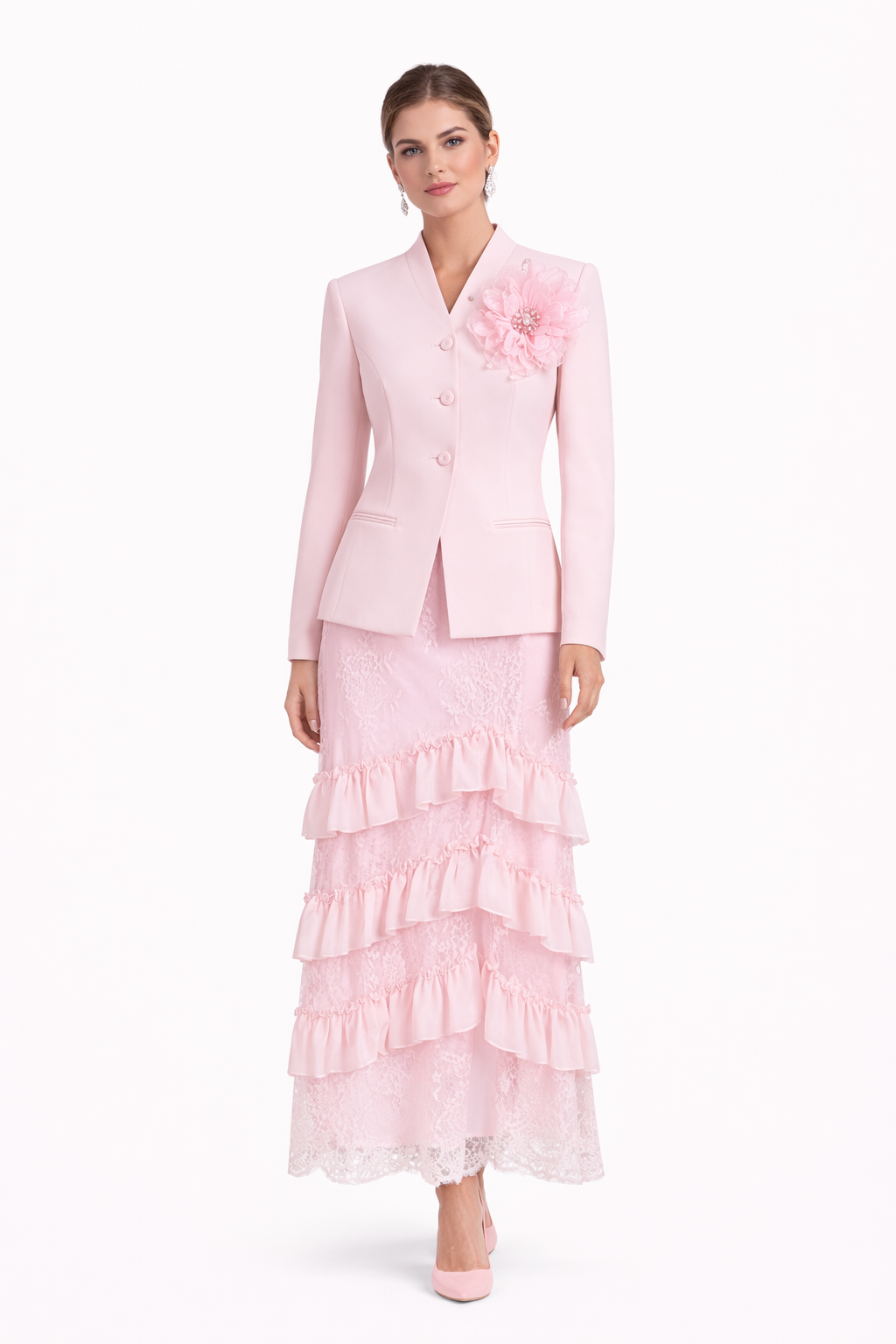 Elegant Blush Pink Floral Blazer & Lace Ruffle Skirt Two-Piece Set