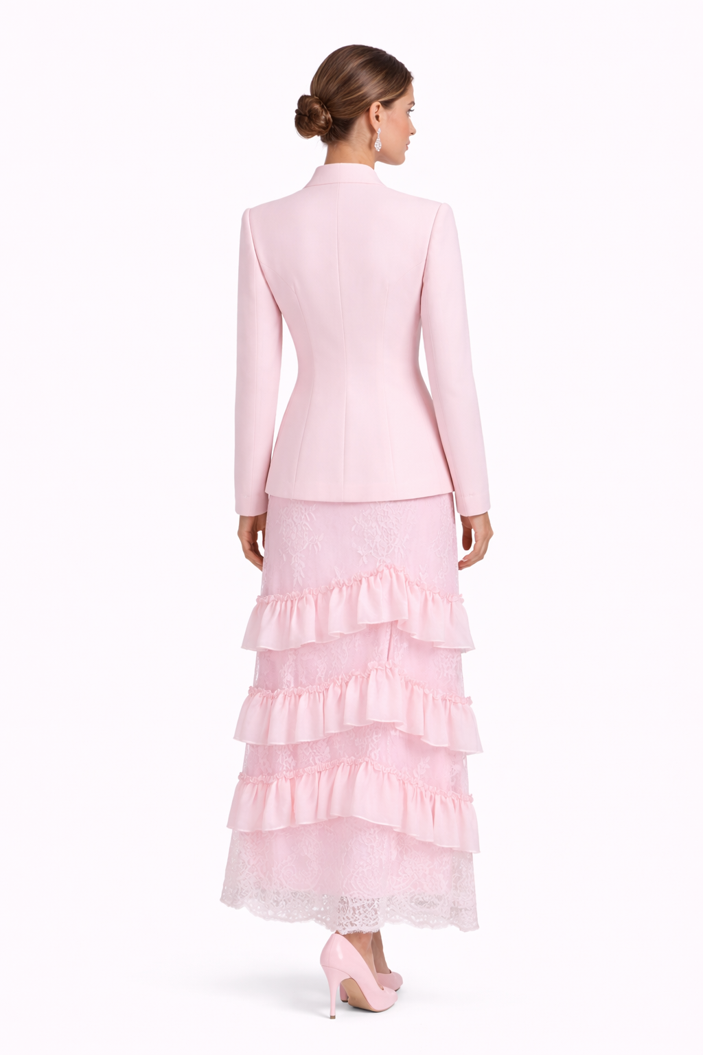 Elegant Blush Pink Floral Blazer & Lace Ruffle Skirt Two-Piece Set