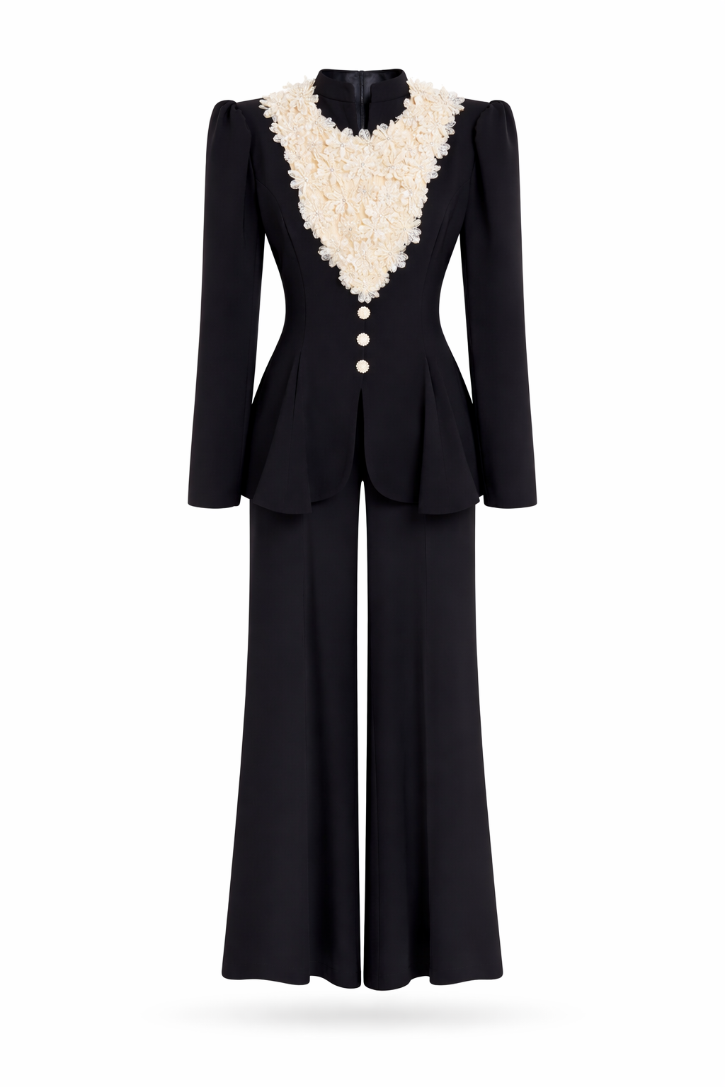 Elegant Black Lace-Embellished Blazer & Wide-Leg Pants Two-Piece Set