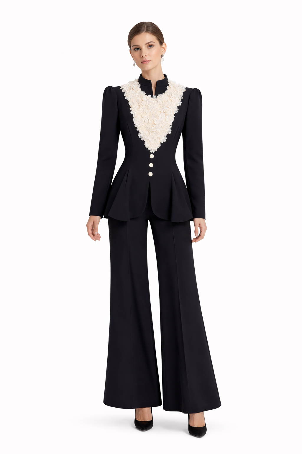 Elegant Black Lace-Embellished Blazer & Wide-Leg Pants Two-Piece Set