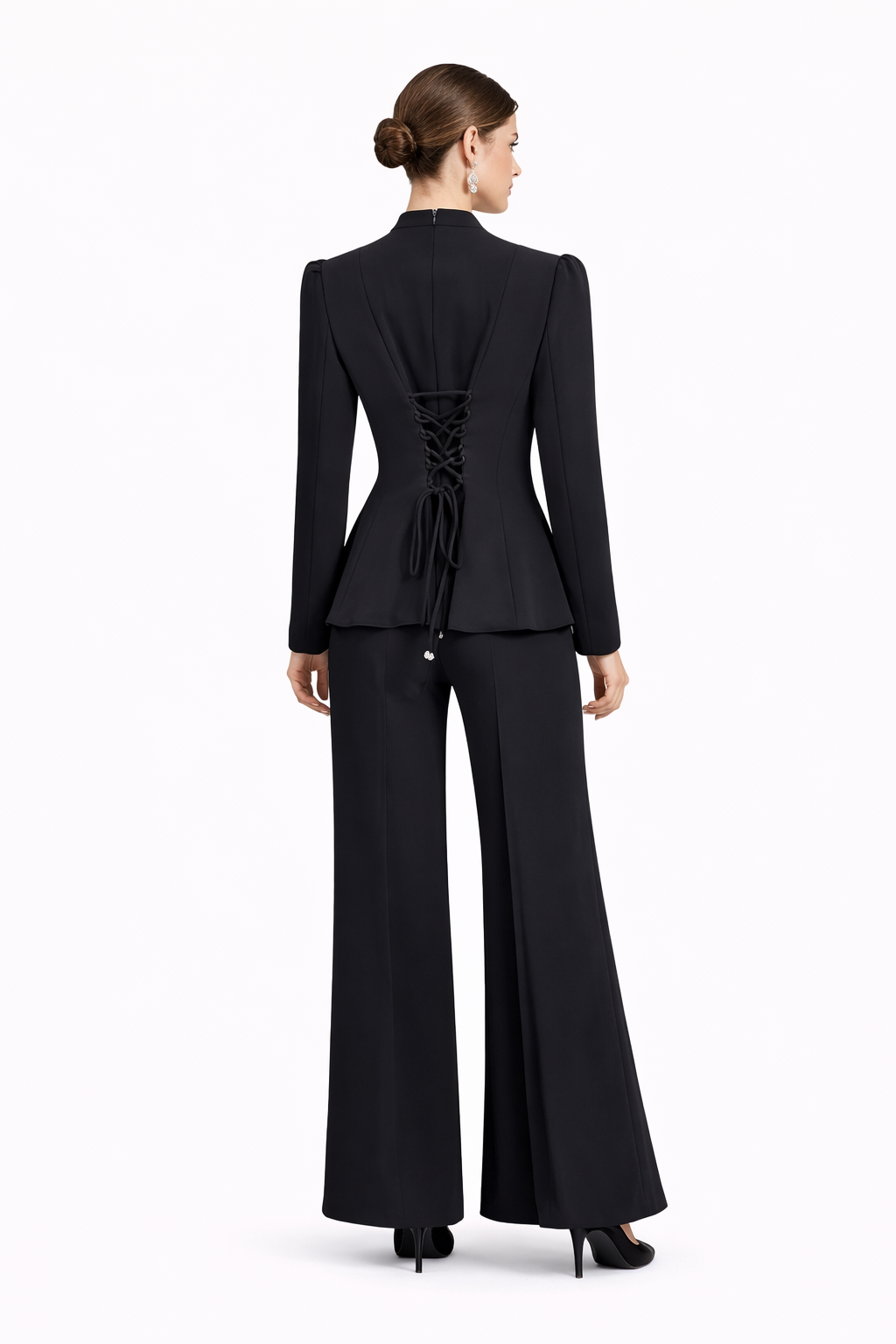 Elegant Black Lace-Embellished Blazer & Wide-Leg Pants Two-Piece Set
