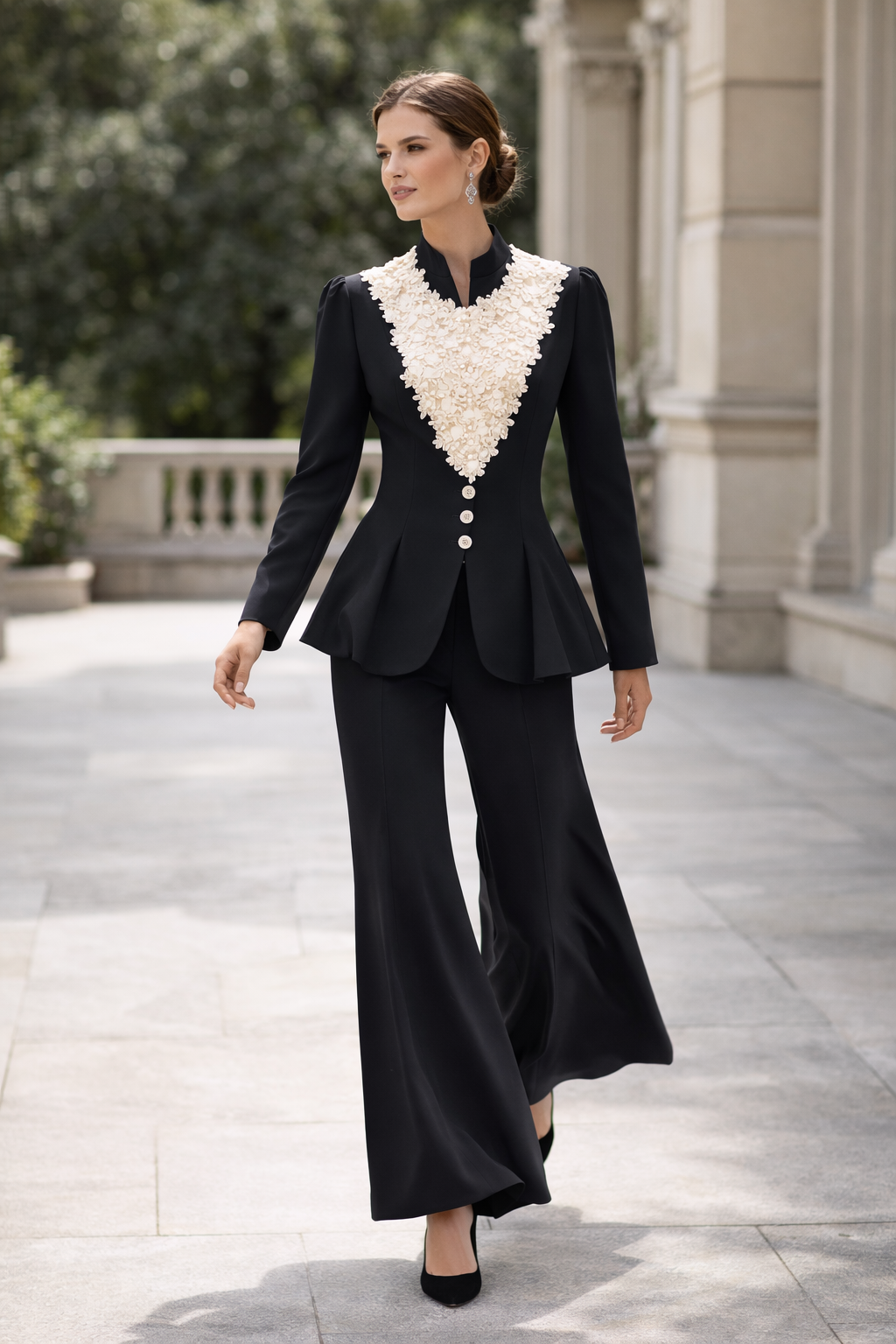 Elegant Black Lace-Embellished Blazer & Wide-Leg Pants Two-Piece Set