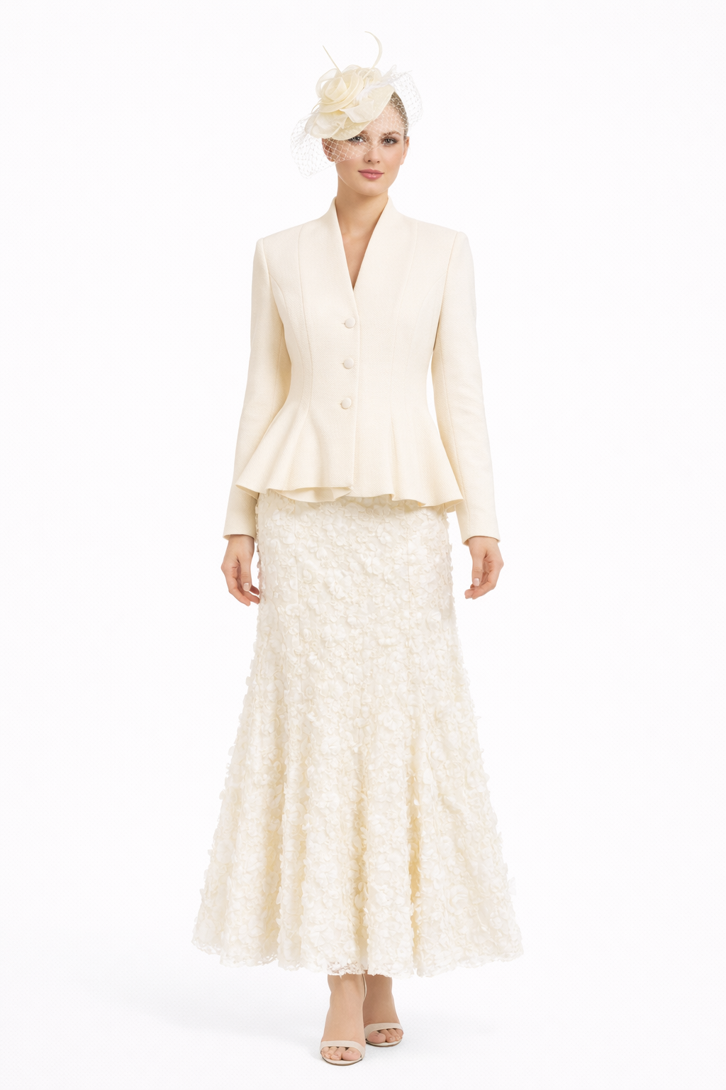 Elegant Ivory Floral Lace 3-Piece Set – Tailored Blazer, Textured Maxi Skirt & Fascinator Hat