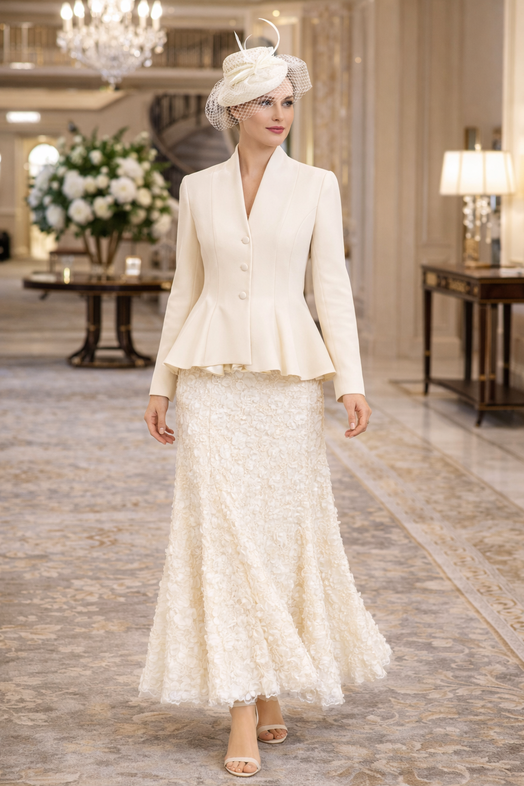 Elegant Ivory Floral Lace 3-Piece Set – Tailored Blazer, Textured Maxi Skirt & Fascinator Hat