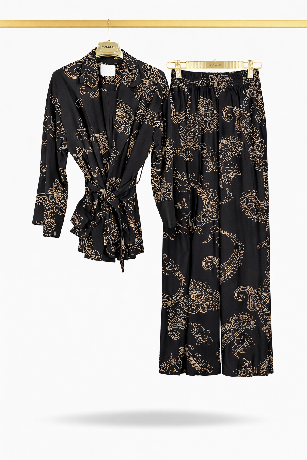 Black Paisley Wrap Blazer & Wide-Leg Pants Set