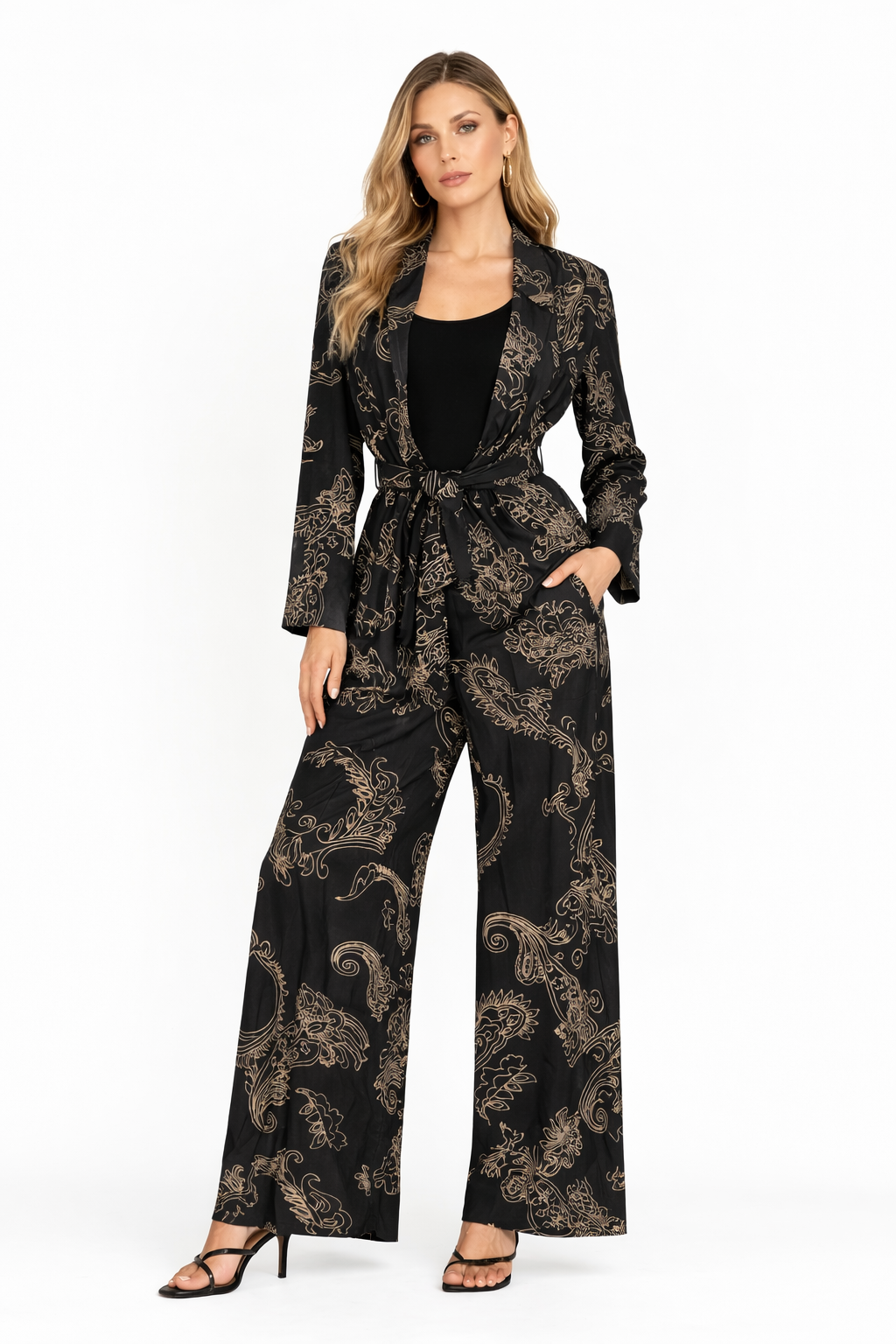 Black Paisley Wrap Blazer & Wide-Leg Pants Set