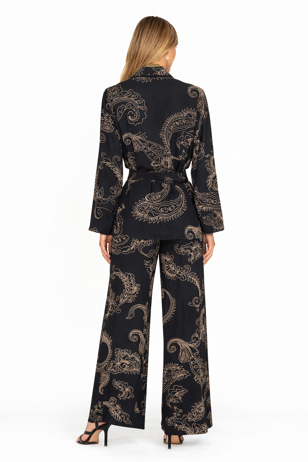 Black Paisley Wrap Blazer & Wide-Leg Pants Set