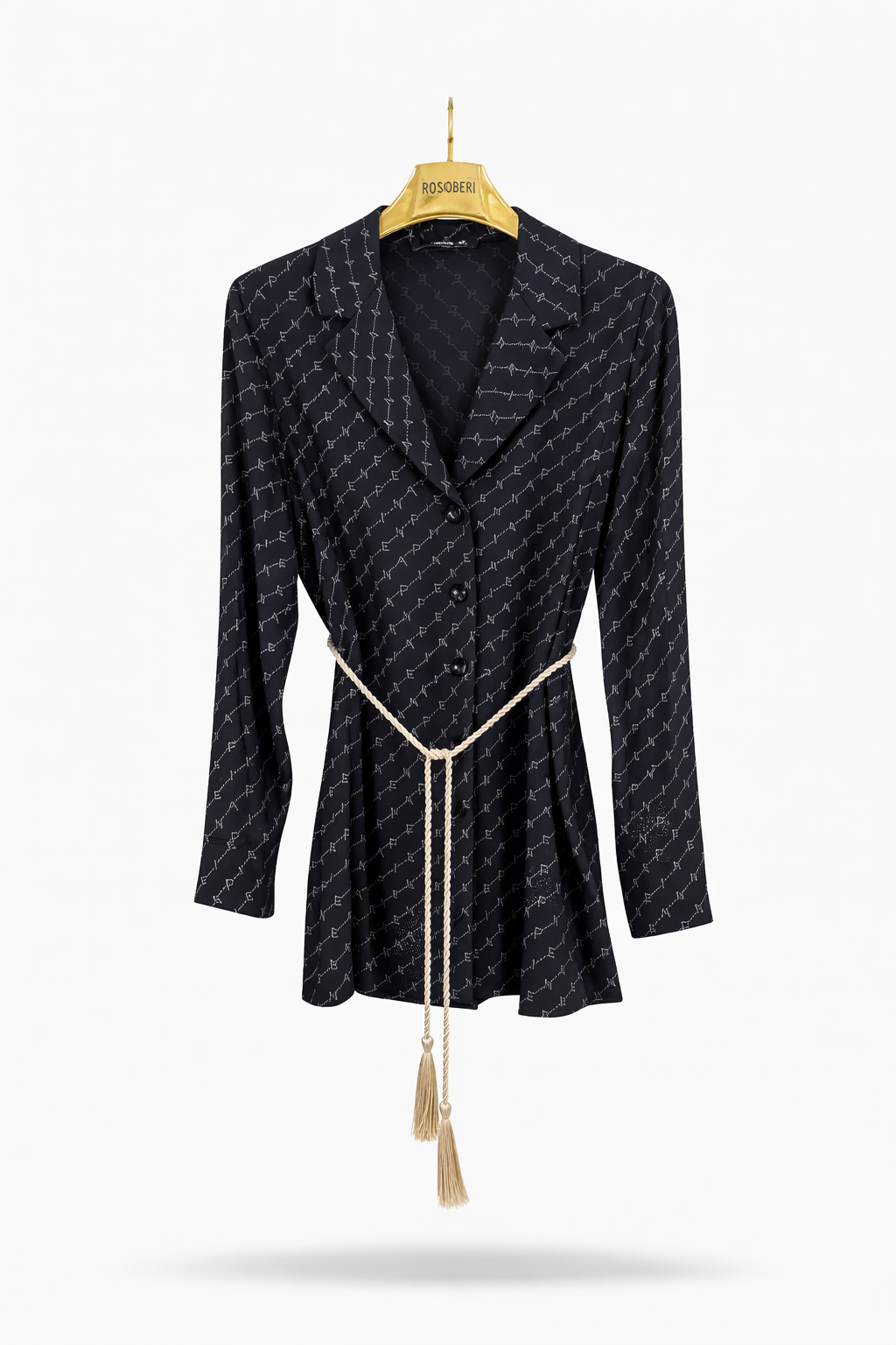 Black Monogram Blazer & Wide-Leg Pants Set with Rope Belt