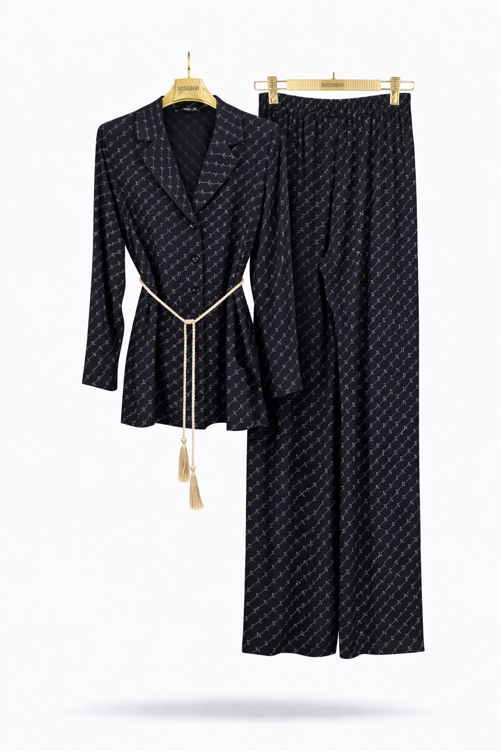 Black Monogram Blazer & Wide-Leg Pants Set with Rope Belt