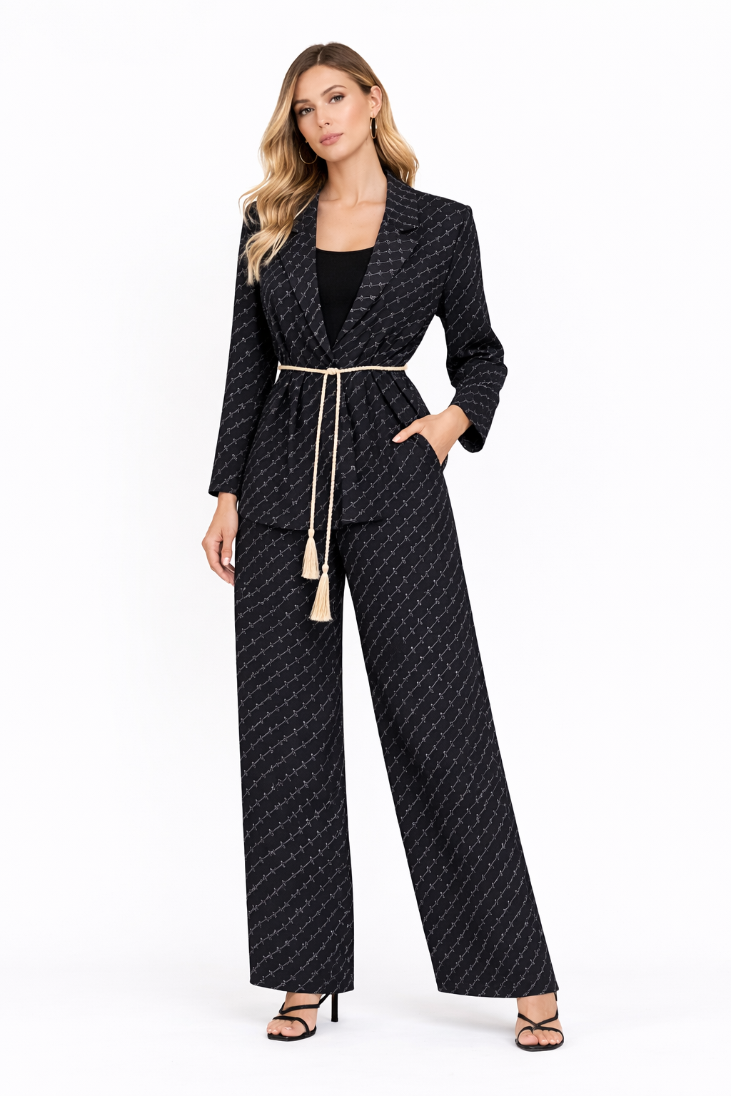 Black Monogram Blazer & Wide-Leg Pants Set with Rope Belt
