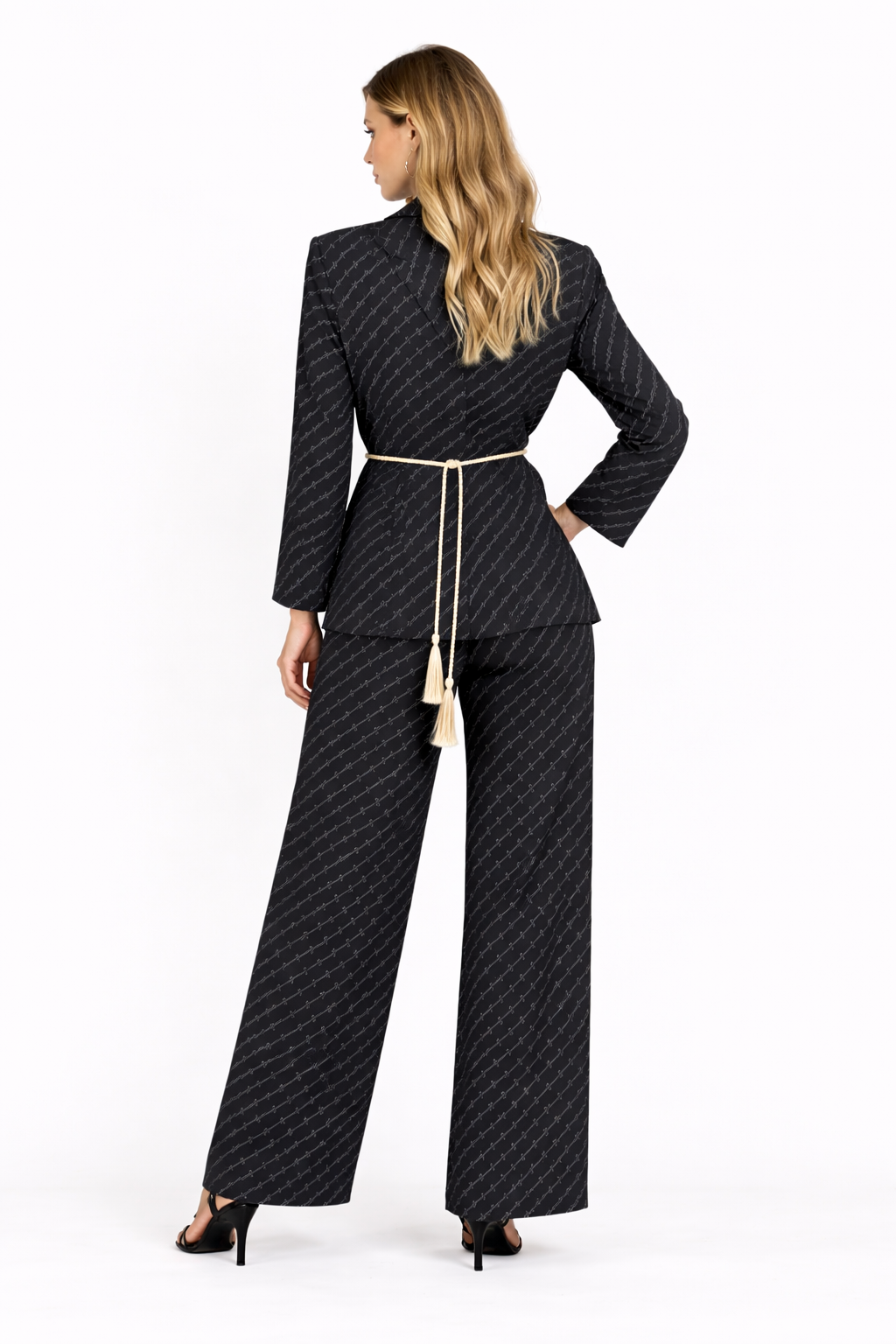 Black Monogram Blazer & Wide-Leg Pants Set with Rope Belt