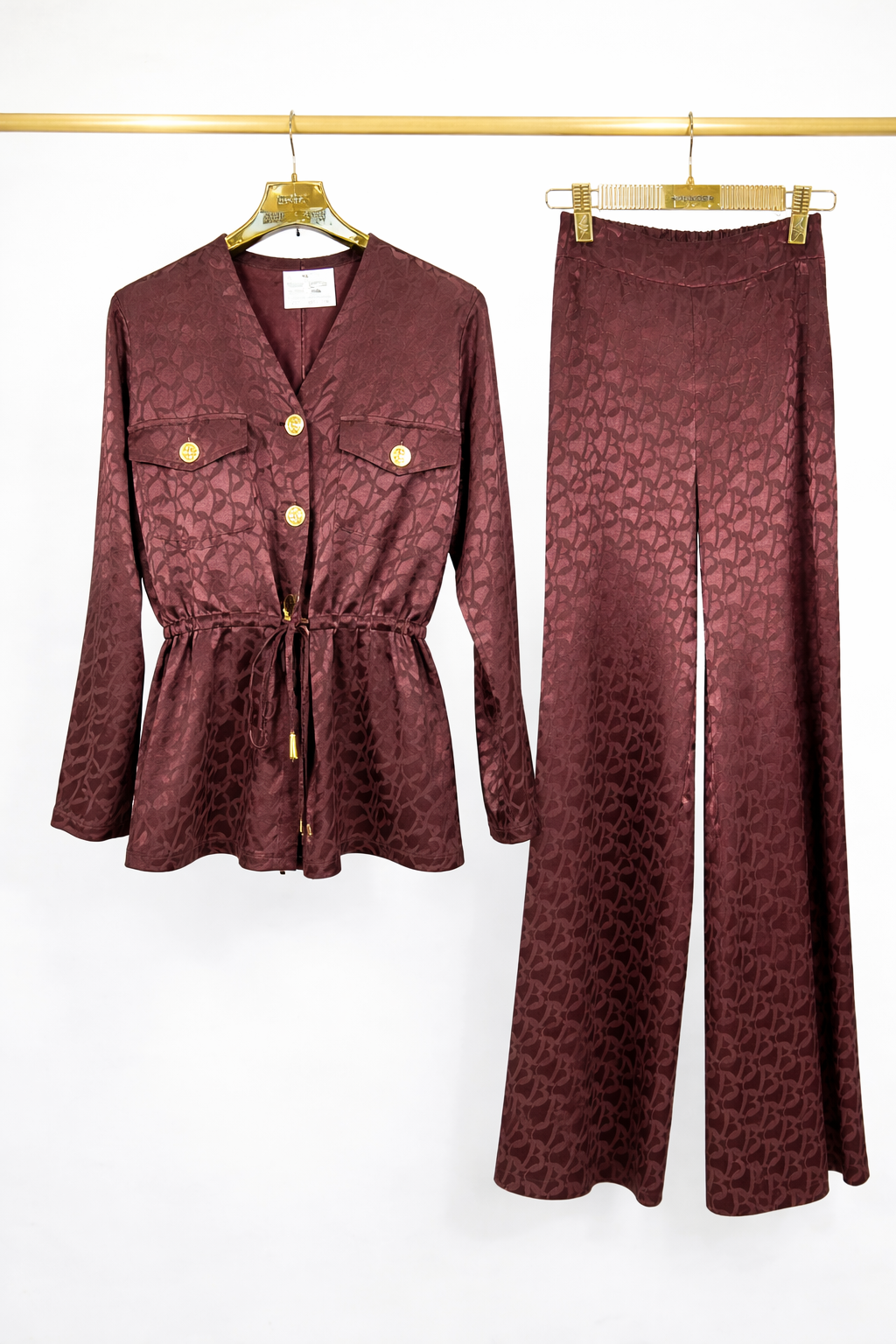 Elegant Monogram Satin Two-Piece Set – Burgundy