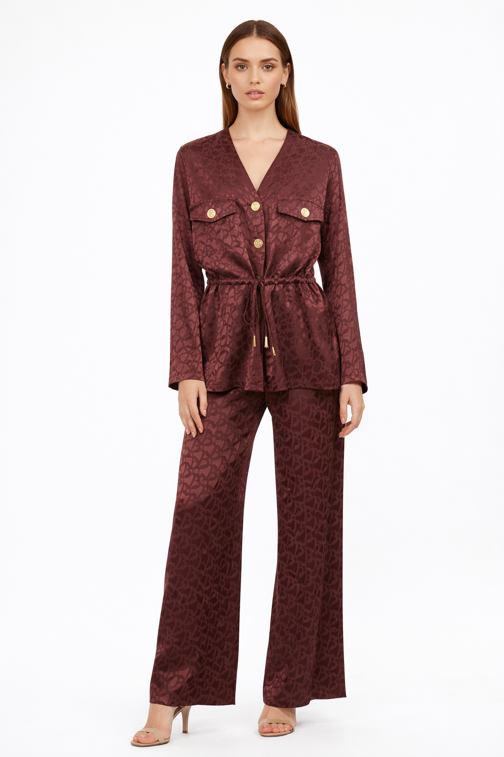 Elegant Monogram Satin Two-Piece Set – Burgundy