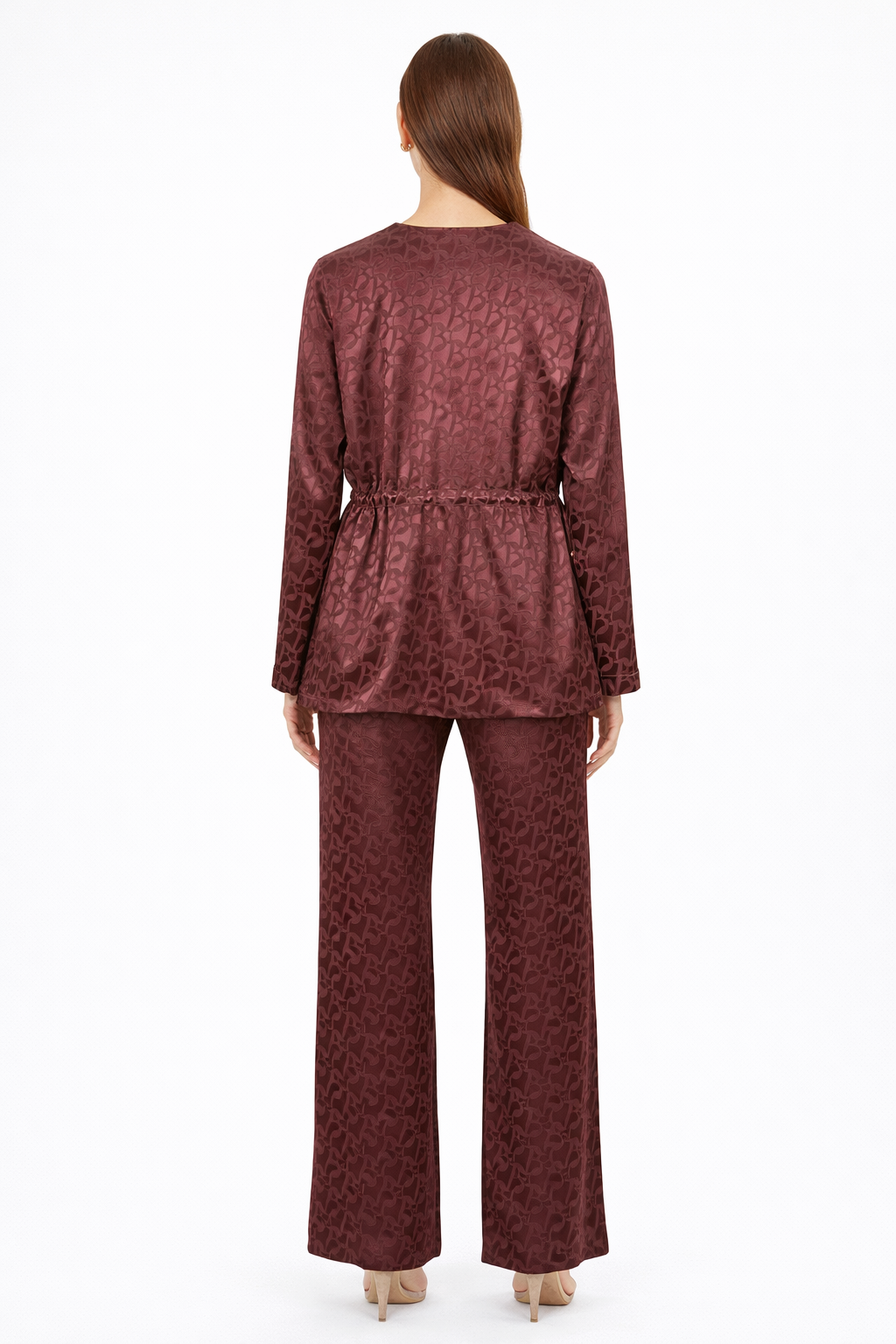 Elegant Monogram Satin Two-Piece Set – Burgundy